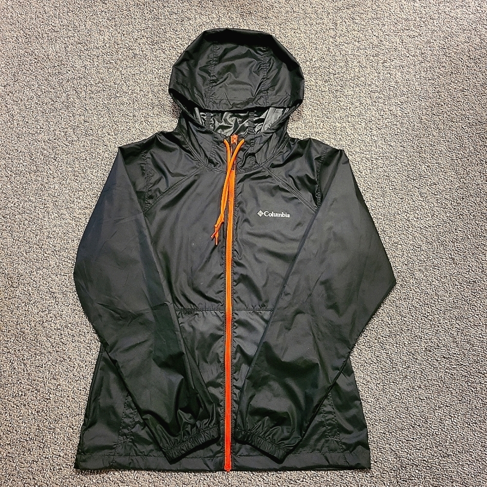 🆕️COLUMBIA LADIES WINDBREAKER JACKET W/HOOD BLACK & NEON ORANGE SMALL